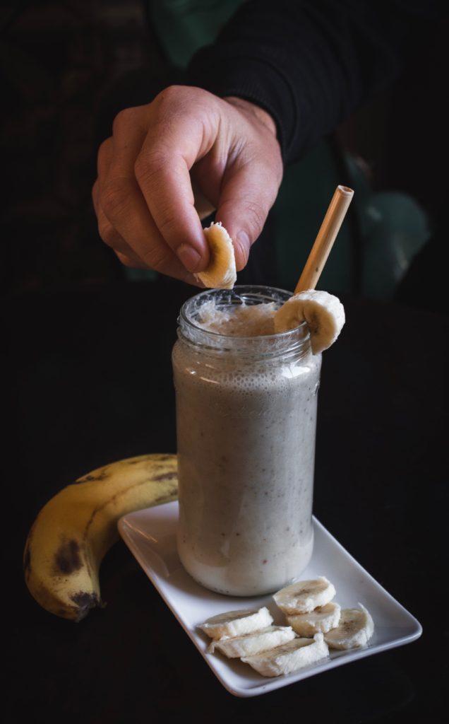 Banana protein shake made with protein powder.